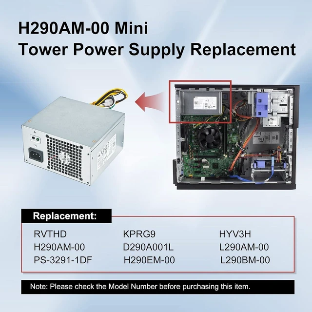 Alt view image 3 of 7 - H290AM-00 290W Power Supply Compatible with Dell Optiplex 3020 7020 9020/ Precision T1700/ PowerEdge T20 (MT Mini Tower) Power Supply RVTHD KPRG9 HYV3H D290A001L L290AM-00 PS-3291-1DF H290EM-00
