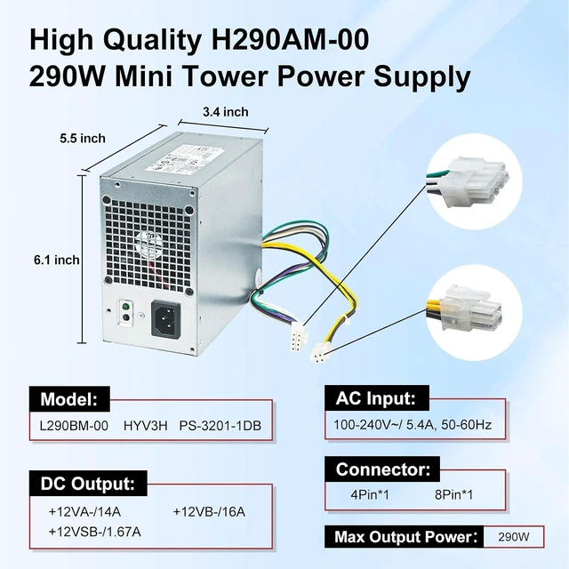 Alt view image 6 of 7 - H290AM-00 290W Power Supply Compatible with Dell Optiplex 3020 7020 9020/ Precision T1700/ PowerEdge T20 (MT Mini Tower) Power Supply RVTHD KPRG9 HYV3H D290A001L L290AM-00 PS-3291-1DF H290EM-00