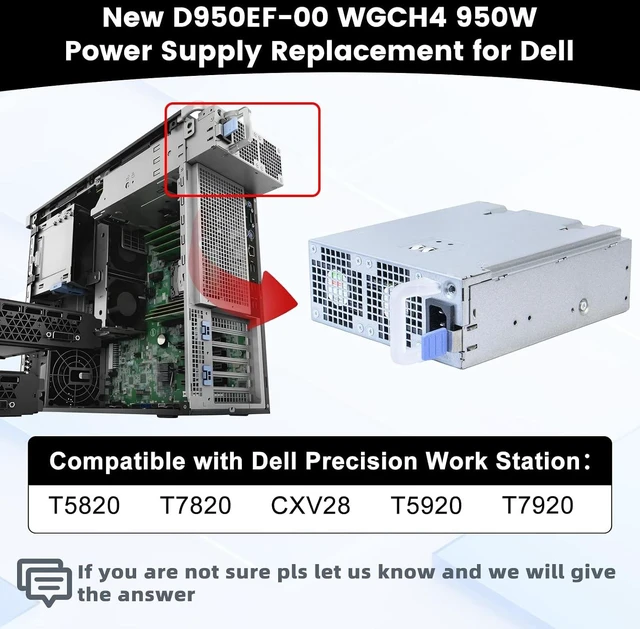 Alt view image 2 of 7 - New D950EF-00 WGCH4 950W Power Supply Replacement for Dell Precision T5820 T7820 CXV28 T5920 T7920 Work Station Repair Rrplaces AC950EF-00 H950EF-00 WGCH4 CXV28 V7594 Hot-Swappable PSU