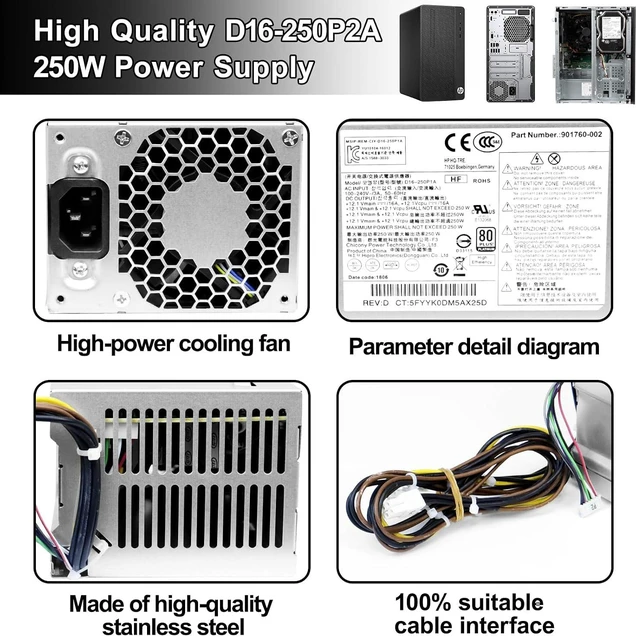 Alt view image 5 of 6 - D16-250P1A L08417-002 250W Power Supply Compatible with HP ProDesk 280 282 600 800 G3 480 400 G4 PCH022 L08417-004 901760-002 901761-001 901760-001 PA-2251-5 D16-250P2A Power Supply