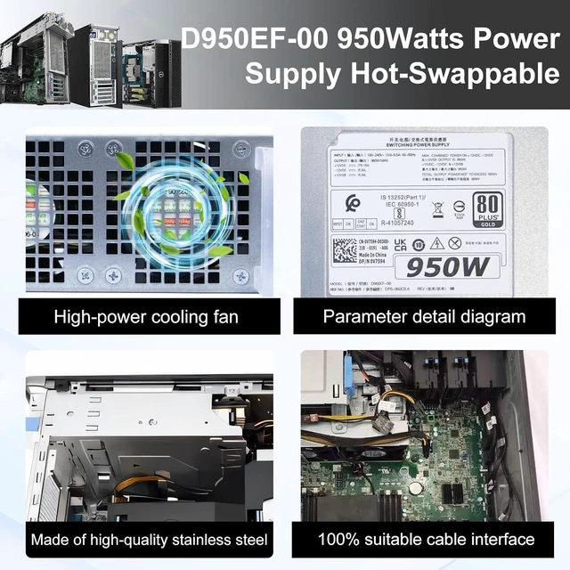 Alt view image 6 of 7 - New D950EF-00 WGCH4 950W Power Supply Replacement for Dell Precision T5820 T7820 CXV28 T5920 T7920 Work Station Repair Rrplaces AC950EF-00 H950EF-00 WGCH4 CXV28 V7594 Hot-Swappable PSU