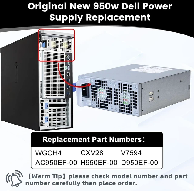 Alt view image 3 of 7 - New D950EF-00 WGCH4 950W Power Supply Replacement for Dell Precision T5820 T7820 CXV28 T5920 T7920 Work Station Repair Rrplaces AC950EF-00 H950EF-00 WGCH4 CXV28 V7594 Hot-Swappable PSU