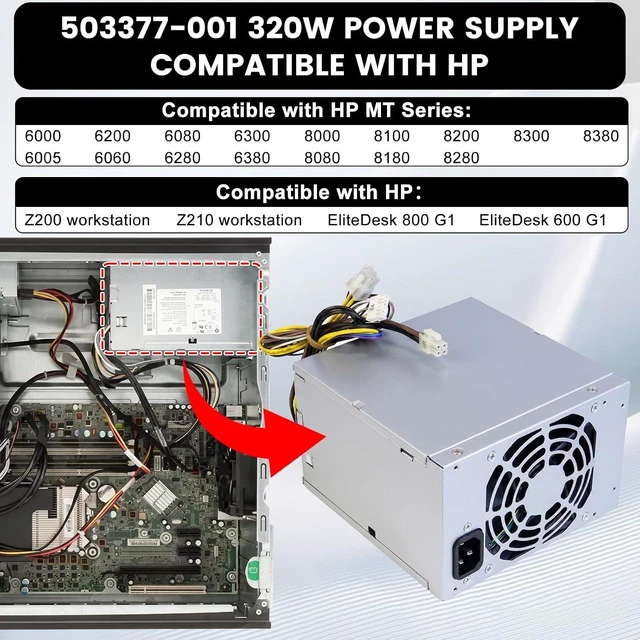 Alt view image 2 of 7 - 503377-001 320W Power Supply D10-320P2A Power Supply Compatible with HP MT 6000 6200 6300 8000 8200 Z200 CFH-0320EWWA Replacement for DPS-320NB 611484-001 613764-001 613765-0016+6+4pin