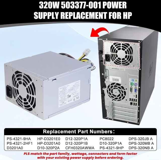 Alt view image 3 of 7 - 503377-001 320W Power Supply D10-320P2A Power Supply Compatible with HP MT 6000 6200 6300 8000 8200 Z200 CFH-0320EWWA Replacement for DPS-320NB 611484-001 613764-001 613765-0016+6+4pin