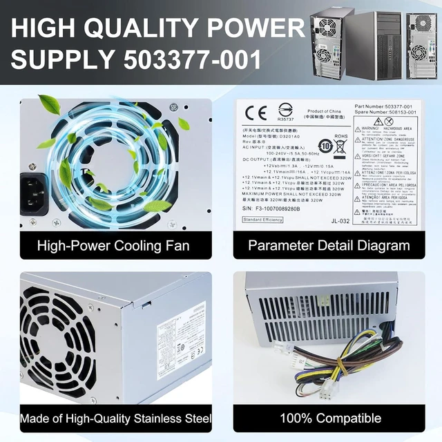 Alt view image 5 of 7 - 503377-001 320W Power Supply D10-320P2A Power Supply Compatible with HP MT 6000 6200 6300 8000 8200 Z200 CFH-0320EWWA Replacement for DPS-320NB 611484-001 613764-001 613765-0016+6+4pin