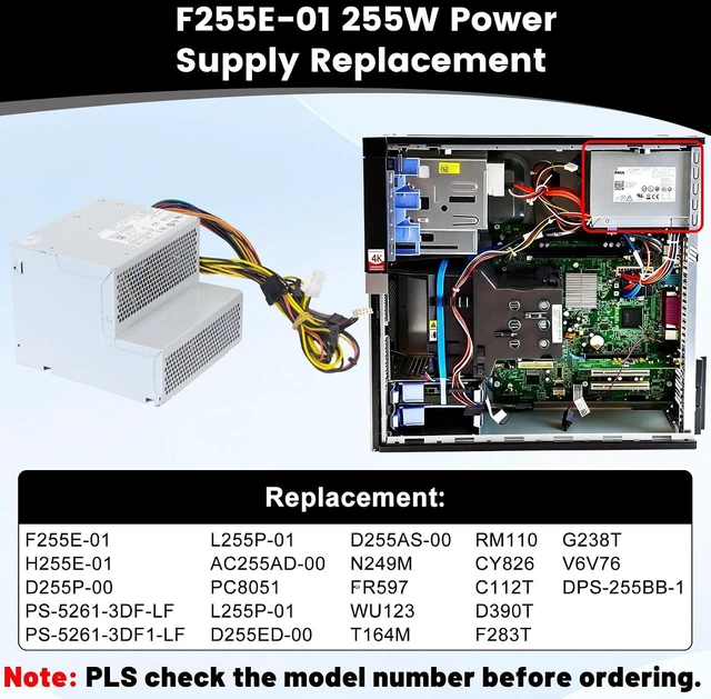 Alt view image 4 of 7 - New F255E-01 N249M 255W Power Supply Compatible with Dell Optiplex 580 760 780 960 980 DT PSU Replacement Parts D255P-00 AC255AD-00 L255P-01 V6V76 RM110 FR597 for Dell Power Supply
