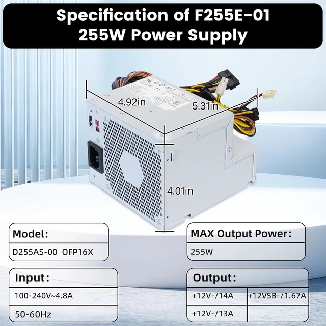 Alt view image 5 of 7 - New F255E-01 N249M 255W Power Supply Compatible with Dell Optiplex 580 760 780 960 980 DT PSU Replacement Parts D255P-00 AC255AD-00 L255P-01 V6V76 RM110 FR597 for Dell Power Supply