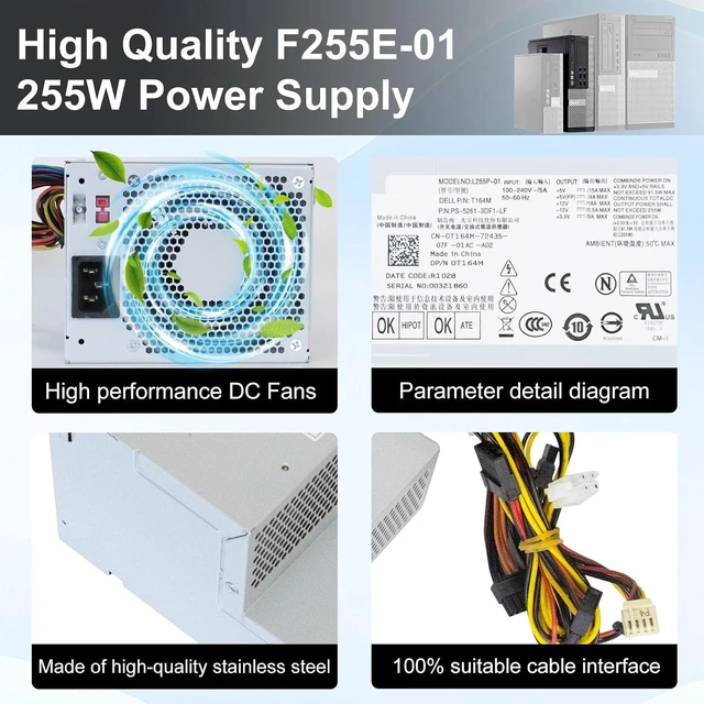 Alt view image 6 of 7 - New F255E-01 N249M 255W Power Supply Compatible with Dell Optiplex 580 760 780 960 980 DT PSU Replacement Parts D255P-00 AC255AD-00 L255P-01 V6V76 RM110 FR597 for Dell Power Supply