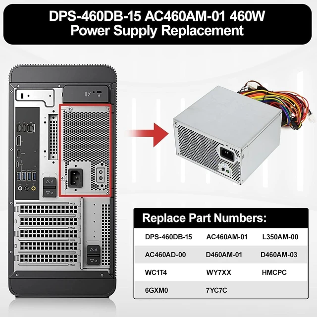 Alt view image 3 of 6 - HU460AM-01 WC1T4 D460AM-03 460W Power Supply Compatible with Dell XPS 8930 8920 8910 8900 8700 8300 Alien-Ware Aurora R5 Replacs DPS-460DB-15 AC460AM-01 WY7XX L350AM-00 AC460AD-00