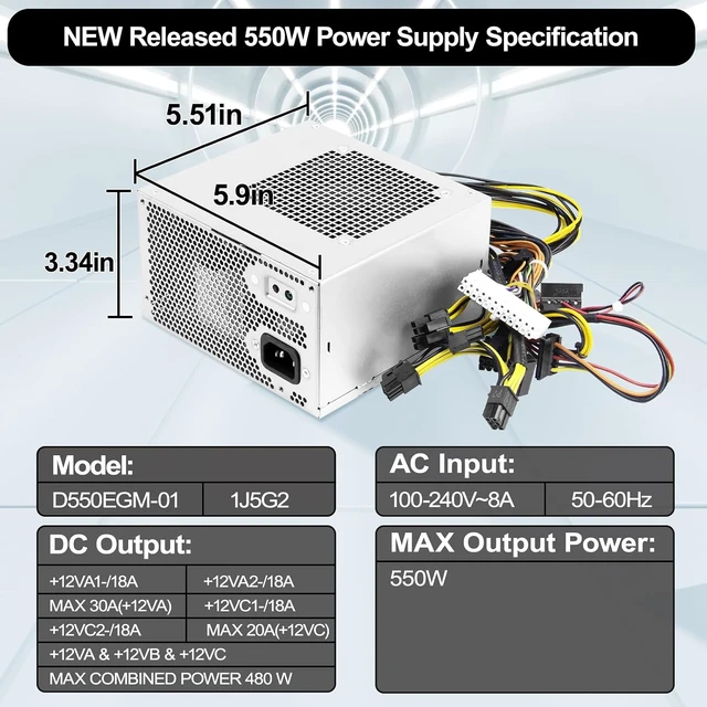 Alt view image 5 of 6 - D550EGM-01 550W Power Supply Compatible with Alienware Aurora R10 R11 Dell Precision 3630 3640 Power Supply Replacement for D550EGM-00 DPS-550AB-51A 1J5G2 YXK65
