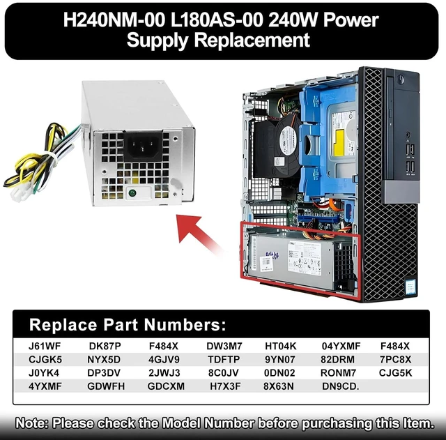 Alt view image 2 of 6 - L240ES-00 H240ES-02 Power Supply B240AM-02 240w PSU Compatible with Dell OptiPlex 3050 5050 7050 Mini Tower J61WF DK87P F484X DW3M7 HT04K (6Pin + 4Pin Connector)