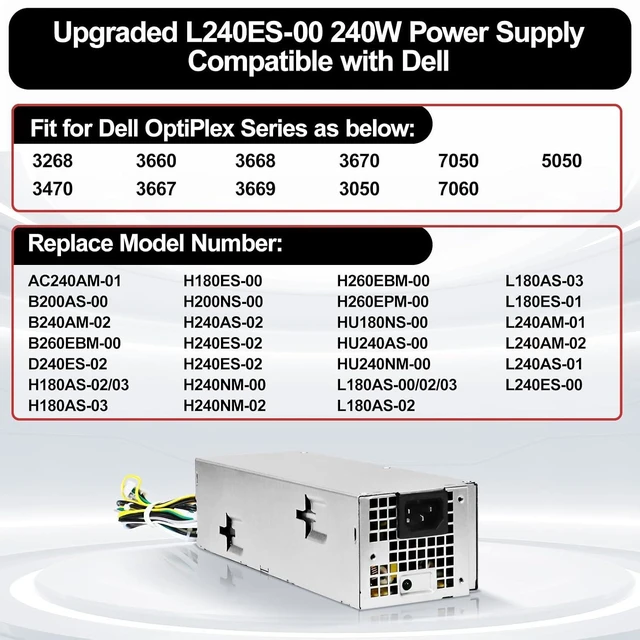 Alt view image 3 of 6 - L240ES-00 H240ES-02 Power Supply B240AM-02 240w PSU Compatible with Dell OptiPlex 3050 5050 7050 Mini Tower J61WF DK87P F484X DW3M7 HT04K (6Pin + 4Pin Connector)