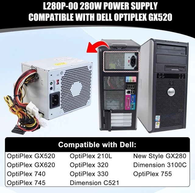Alt view image 4 of 7 - L280P-01 L280P-00 280W Power Supply Compatible with Dell OptiPlex GX520 GX620 740 745 755 210L 320 330/Dimension C521 3100C GX280 P/N: MH595 MH596 NH429 NC912 RT490 D235PD-00 D280P-00 H280P-00