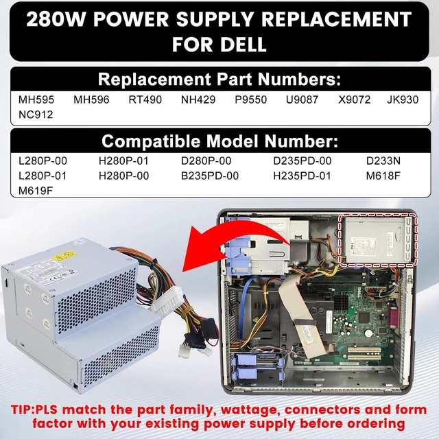 Alt view image 5 of 7 - L280P-01 L280P-00 280W Power Supply Compatible with Dell OptiPlex GX520 GX620 740 745 755 210L 320 330/Dimension C521 3100C GX280 P/N: MH595 MH596 NH429 NC912 RT490 D235PD-00 D280P-00 H280P-00