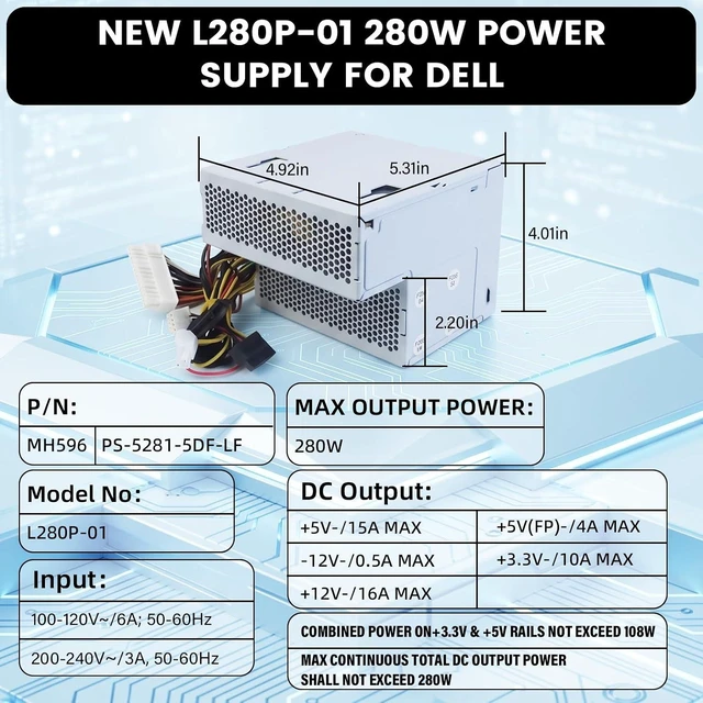 Alt view image 7 of 7 - L280P-01 L280P-00 280W Power Supply Compatible with Dell OptiPlex GX520 GX620 740 745 755 210L 320 330/Dimension C521 3100C GX280 P/N: MH595 MH596 NH429 NC912 RT490 D235PD-00 D280P-00 H280P-00