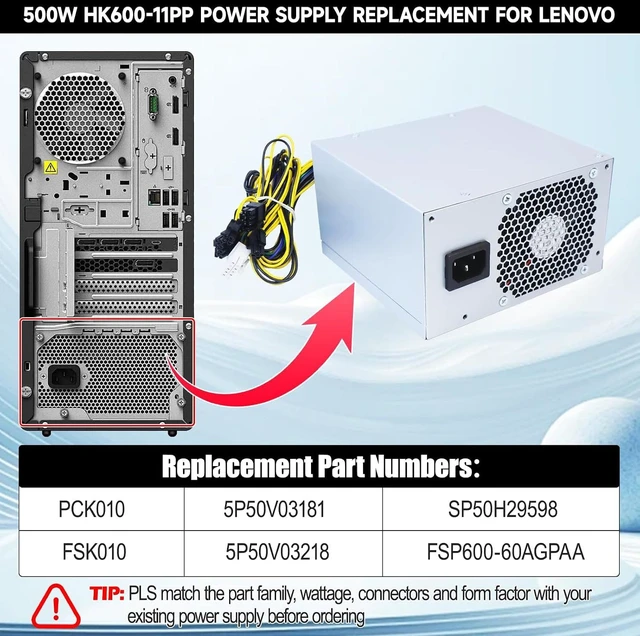 Alt view image 2 of 7 - 500W HK600-11PP Power Supply Compatible with Lenovo P330 P340 P350 P328 P310 K M930T T4900K PCK010 FSK010 5P50V03181 5P50V03218 SP50H29598 FSP600-60AGPAA Switching Power Supply