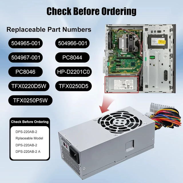 Alt view image 3 of 7 - PC8044 220W DPS-220AB-2 A PSU Power Supply Compatible with HP Pavilion S5000 S5306 5118 5701 5716 5721 7301 7400 3130, Replace for 504965-001 504966-001 TFX0220D5W Switching Power Supply