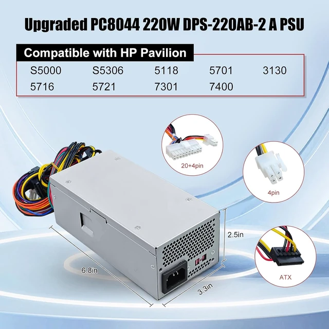 Alt view image 2 of 7 - PC8044 220W DPS-220AB-2 A PSU Power Supply Compatible with HP Pavilion S5000 S5306 5118 5701 5716 5721 7301 7400 3130, Replace for 504965-001 504966-001 TFX0220D5W Switching Power Supply