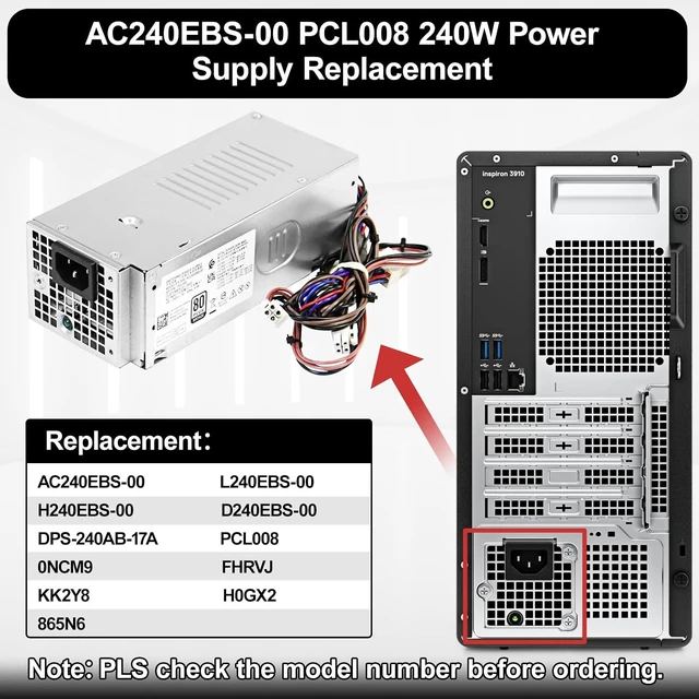 Alt view image 3 of 6 - AC240EBS-00 240W Power Supply Replacement for Dell Optiplex 3900MT 3990MT 3991MT 3000MT 5000MT Vostro 3690 3710 3910 L240EBS-00 H240EBS-00 D240EBS-00 FHRVJ KK2Y8 H0GX2 865N6 (8+4+4pin)