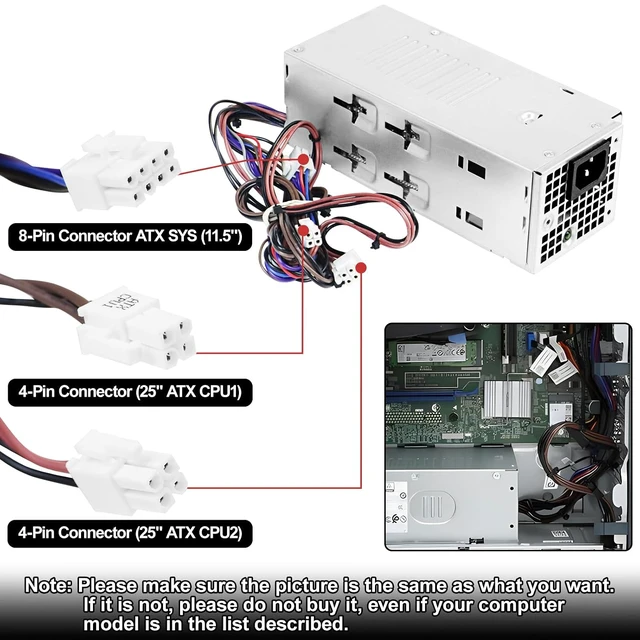 Alt view image 4 of 6 - AC240EBS-00 240W Power Supply Replacement for Dell Optiplex 3900MT 3990MT 3991MT 3000MT 5000MT Vostro 3690 3710 3910 L240EBS-00 H240EBS-00 D240EBS-00 FHRVJ KK2Y8 H0GX2 865N6 (8+4+4pin)