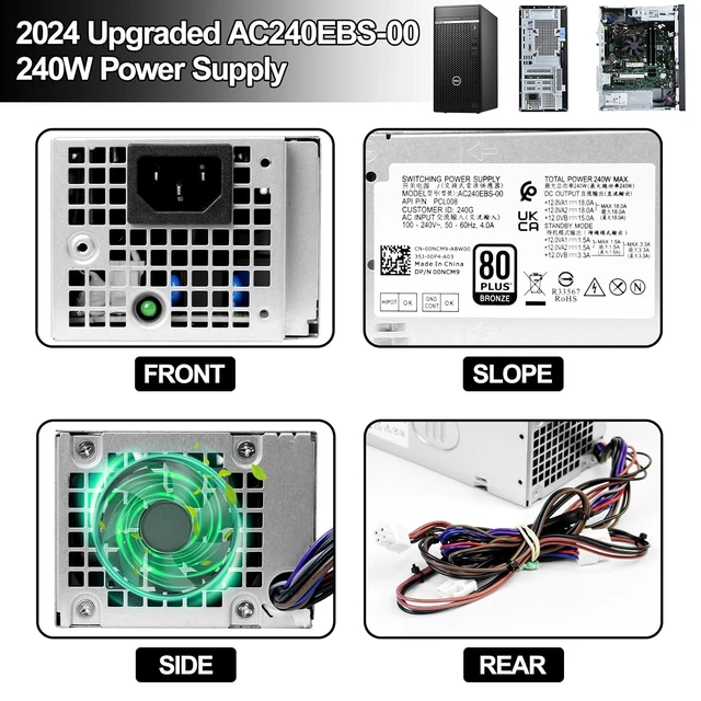 Alt view image 5 of 6 - AC240EBS-00 240W Power Supply Replacement for Dell Optiplex 3900MT 3990MT 3991MT 3000MT 5000MT Vostro 3690 3710 3910 L240EBS-00 H240EBS-00 D240EBS-00 FHRVJ KK2Y8 H0GX2 865N6 (8+4+4pin)