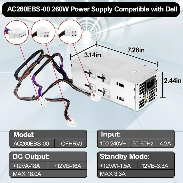 Alt view image 6 of 6 - AC260EBS-00 260W Power Supply Compatible with Dell 260W PSU