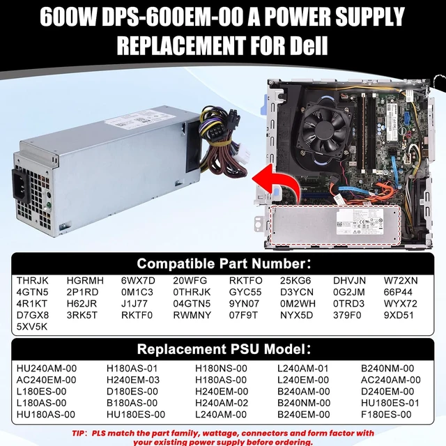Alt view image 6 of 7 - DPS-600EM-00 A 600W Power Supply Compatible with Dell Inspiron 3650 3656 Optiplex 3040 5040 7040 XPS Power Supply Replaces HU240AM-00 AC240EM-00 L180ES-008Pin+4Pin+(8/6+2Pin)+8Pin
