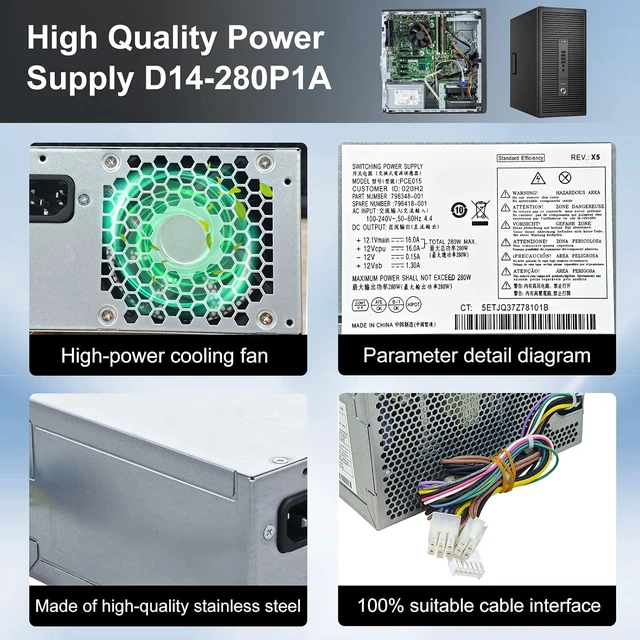 Alt view image 6 of 7 - PCE015 796348-001 D14-280P1A 280W Power Supply 796418-001 PSU Compatible with HP Desktop 600 680 800 880 G2 TWR Switching Power Supply Replace DPS-280AB-5A PS-4281-1HA M5R36PA PCE016 PSU