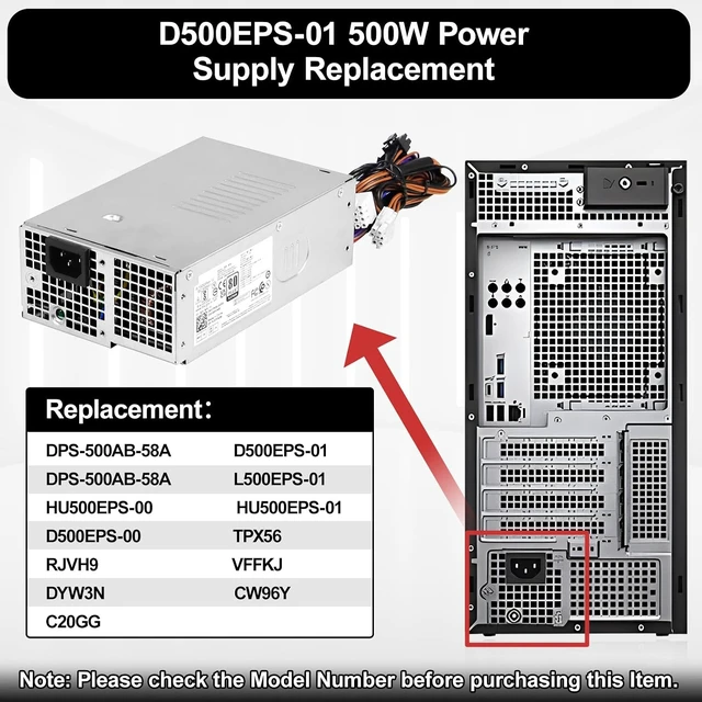 Alt view image 3 of 6 - L500EPS-01 D500EPS-00 500W Power Supply Compatible with DELL XPS 8950 Vostro 3901 3910 Inspiron 3910,D12,Latitude D500 Optiplex 7000MT 7000 Precision T3660 Replaces VFFKJ DYW3N