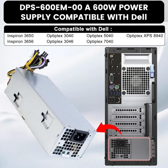 Alt view image 4 of 7 - DPS-600EM-00 A 600W Power Supply Compatible with Dell Inspiron 3650 3656 for Optiplex 3040 5040 7040 XPS Power Supply Replaces HU240AM-00 AC240EM-00 L180ES-008Pin+4Pin+(8/6+2Pin)+8Pin