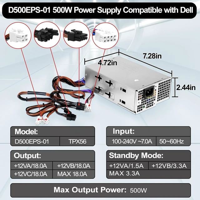 Alt view image 5 of 6 - L500EPS-01 D500EPS-00 500W Power Supply Compatible with DELL XPS 8950 Vostro 3901 3910 Inspiron 3910,D12,Latitude D500 Optiplex 7000MT 7000 Precision T3660 Replaces VFFKJ DYW3N
