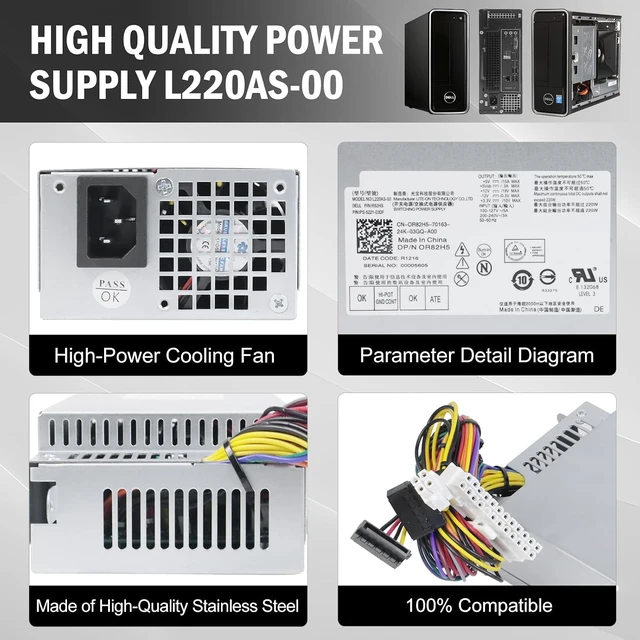 Alt view image 4 of 7 - L220AS-00 R82H5 220W Power Supply Replacement for Dell Inspiron 3647 660s eMachines Gateway Series Acer X1420 X3400 Series Replaces D220ES-01 L220NS-00 HU220NS-00 DPS-220UB A CPB09-D220R