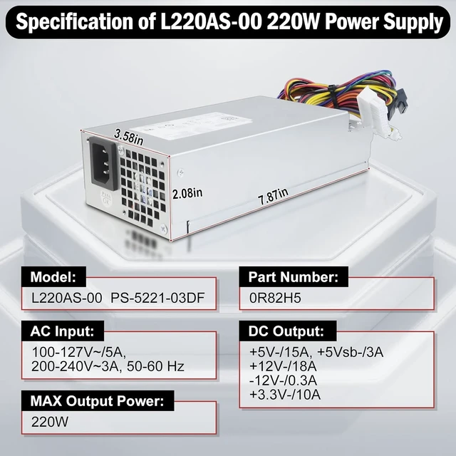 Alt view image 6 of 7 - L220AS-00 R82H5 220W Power Supply Replacement for Dell Inspiron 3647 660s eMachines Gateway Series Acer X1420 X3400 Series Replaces D220ES-01 L220NS-00 HU220NS-00 DPS-220UB A CPB09-D220R
