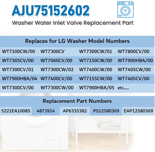 Alt view image 3 of 7 - Washer Inlet Valve Assembly AJU75152602 Fit for LG Washer WT7305CV WT7305CW WT7150CW WT7300CW WT7900HBA WT7060CV WT7800C Replaces 5221EA1008S, 4873914, AP6335382, PS12580369, EAP12580369 etc. DC12V