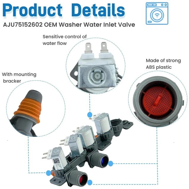 Alt view image 5 of 7 - Washer Inlet Valve Assembly AJU75152602 Fit for LG Washer WT7305CV WT7305CW WT7150CW WT7300CW WT7900HBA WT7060CV WT7800C Replaces 5221EA1008S, 4873914, AP6335382, PS12580369, EAP12580369 etc. DC12V