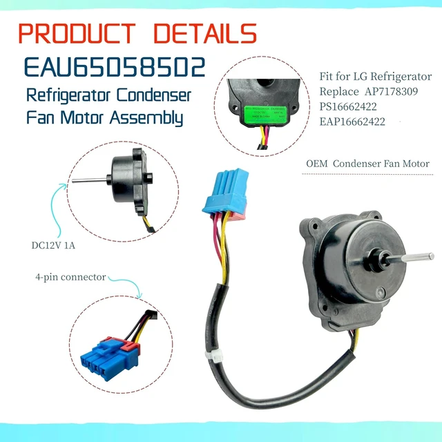 Alt view image 3 of 7 - EAU65058502 Refrigerator Condenser Fan Motor Assembly fit for LG Refrigerator, Replace AP7178309 PS16662422 EAP16662422,DC12V,MAX 1A,DC Voltage Evaporator Fan Motor
