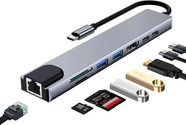 Main image of USB C Hub, 8-in-1 USB C Docking Station for Laptops or Other Type C Devices, with USB C to HDMI, USB C SD Card Reader/Micro SD, USB C to Ethernet Adapter, USB 3.0, USB C Dock / 80W Fast Charging