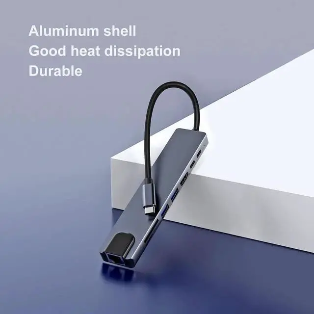 Alt view image 2 of 6 - USB C Hub, 8-in-1 USB C Docking Station for Laptops or Other Type C Devices, with USB C to HDMI, USB C SD Card Reader/Micro SD, USB C to Ethernet Adapter, USB 3.0, USB C Dock / 80W Fast Charging