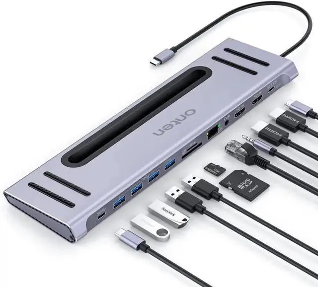 Main image of USB C Docking Station,Onten USB-C to Dual HDMI Adapter HUB .12-in-1 USB-A 3.0, USB-C 3.0 Gigabit Ethernet Dual-solt sd/tf Card Reader,PD 100w Charger (DP Alternative Mode Required)
