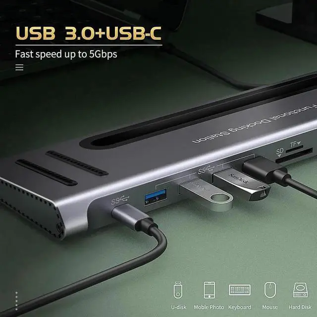 Alt view image 4 of 7 - USB C Docking Station,Onten USB-C to Dual HDMI Adapter HUB .12-in-1 USB-A 3.0, USB-C 3.0 Gigabit Ethernet Dual-solt sd/tf Card Reader,PD 100w Charger (DP Alternative Mode Required)