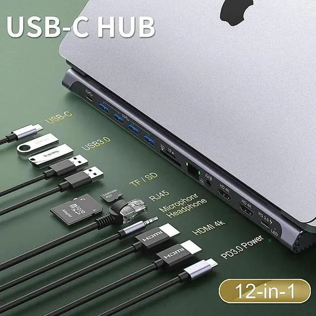 Alt view image 7 of 7 - USB C Docking Station,Onten USB-C to Dual HDMI Adapter HUB .12-in-1 USB-A 3.0, USB-C 3.0 Gigabit Ethernet Dual-solt sd/tf Card Reader,PD 100w Charger (DP Alternative Mode Required)