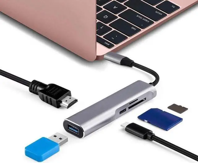 Alt view image 4 of 7 - 5 in 1 USB C Hub Aluminum with HDMI 4K Adapter USB 3.0 Ports 1 SD and 1 microSD PD 100W Card Reader for and More Type-C Devices Universal Docking Station Dual Video Monitor Display