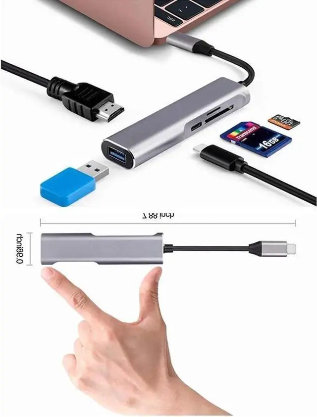 Alt view image 2 of 7 - 5 in 1 USB C Hub Aluminum with HDMI 4K Adapter USB 3.0 Ports 1 SD and 1 microSD PD 100W Card Reader for and More Type-C Devices Universal Docking Station Dual Video Monitor Display