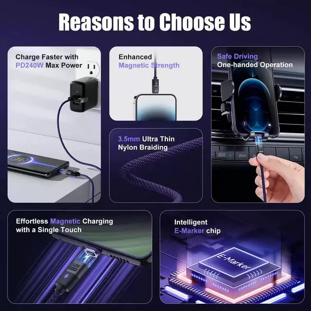 Alt view image 3 of 6 - 240W Magnetic Charging Cable PD3.1 5A Fast Charging USB C Multiple length options 0.5m C Cable 3 Plug