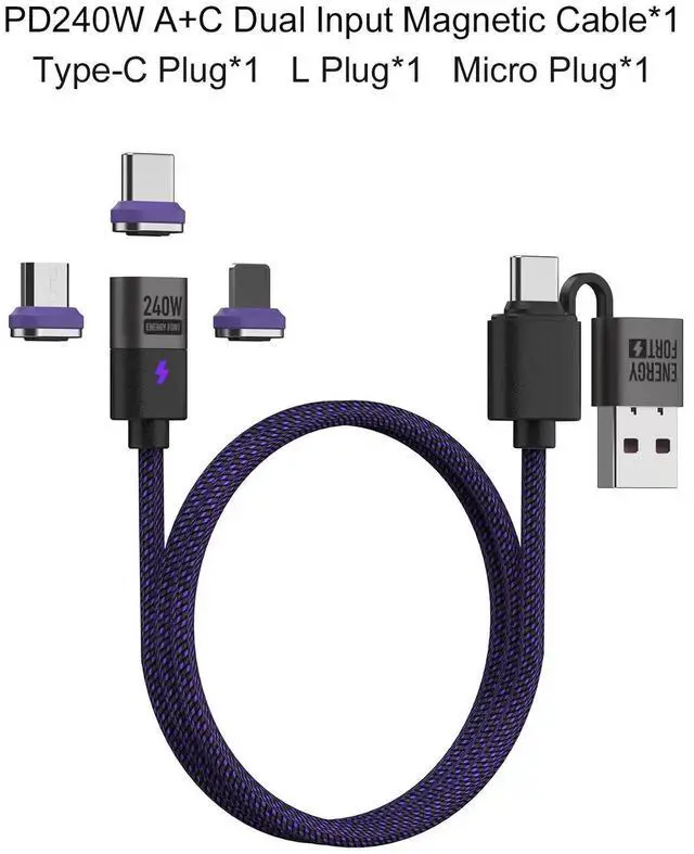 Main image of 240W Magnetic Charging Cable PD3.1 5A Fast Charging USB C Multiple length options 0.5m 2in1 Cable 3 Plug