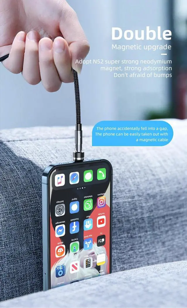 Alt view image 6 of 7 - Essager 540 Rotate Magnetic Cable 3A Fast Charging Micro USB Type C Cable For iPhone Xiaomi Magnet Grey No Plug Only Cable 1m