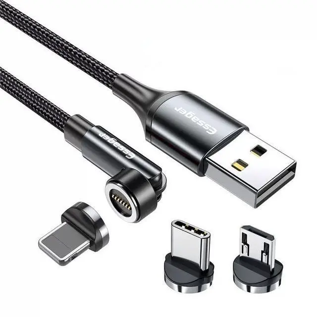 Main image of Essager 540 Rotate Magnetic Cable 3A Fast Charging Micro USB Type C Cable For iPhone Xiaomi Magnet Grey Micro+Type-C+iOS 1m