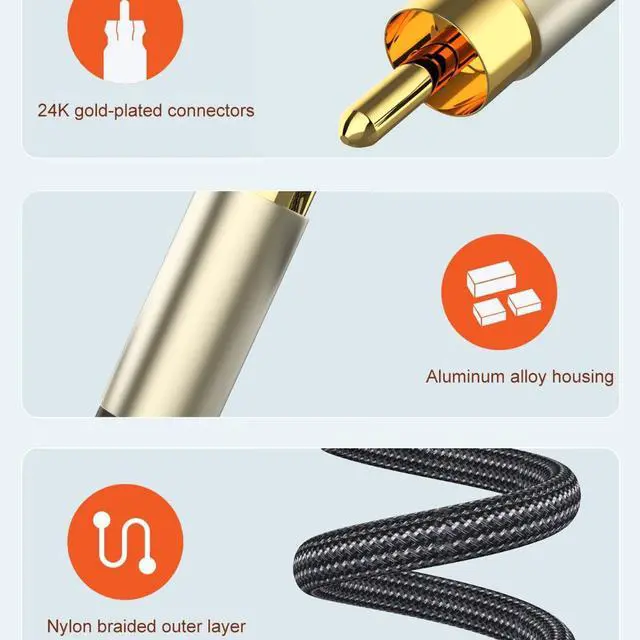 Alt view image 2 of 6 - Digital Coaxial Audio Cable RCA to RCA, 75 Ohm, Gold-Plated Connectors, Nylon Braided, Hi-Fi 5.1 SPDIF, for TV, DVD, Amplifier & Soundbar