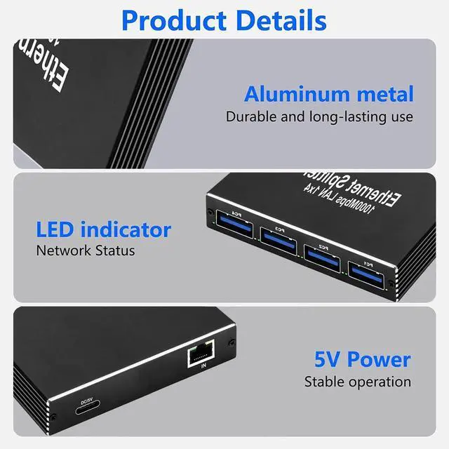 Alt view image 4 of 6 - Gigabit Ethernet Switch 4-Port, 10/100/1000Mbps, 1-in-4-out, USB Powered, Plug-and-Play, for Home, Office & Travel