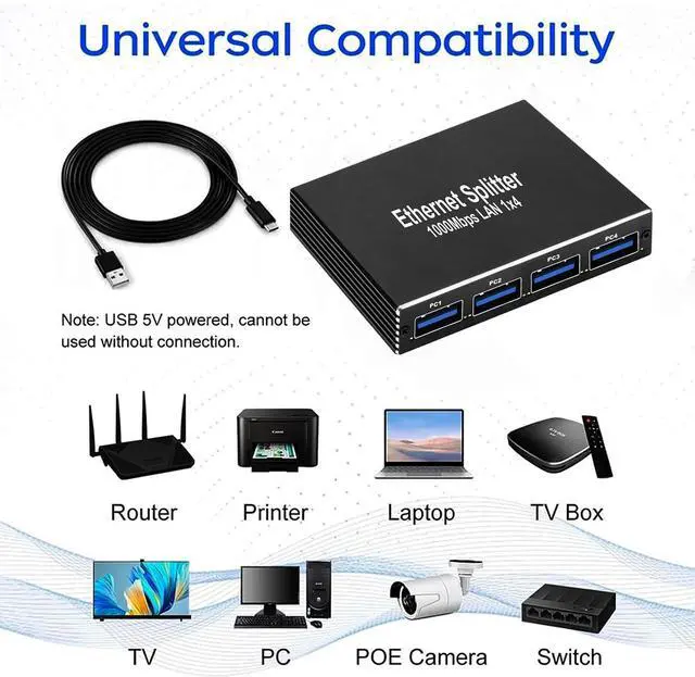 Alt view image 5 of 6 - Gigabit Ethernet Switch 4-Port, 10/100/1000Mbps, 1-in-4-out, USB Powered, Plug-and-Play, for Home, Office & Travel